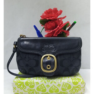 Coach Bleecker Black Canvas Leather Trim Signature Buckle Flap Closure Wristlet